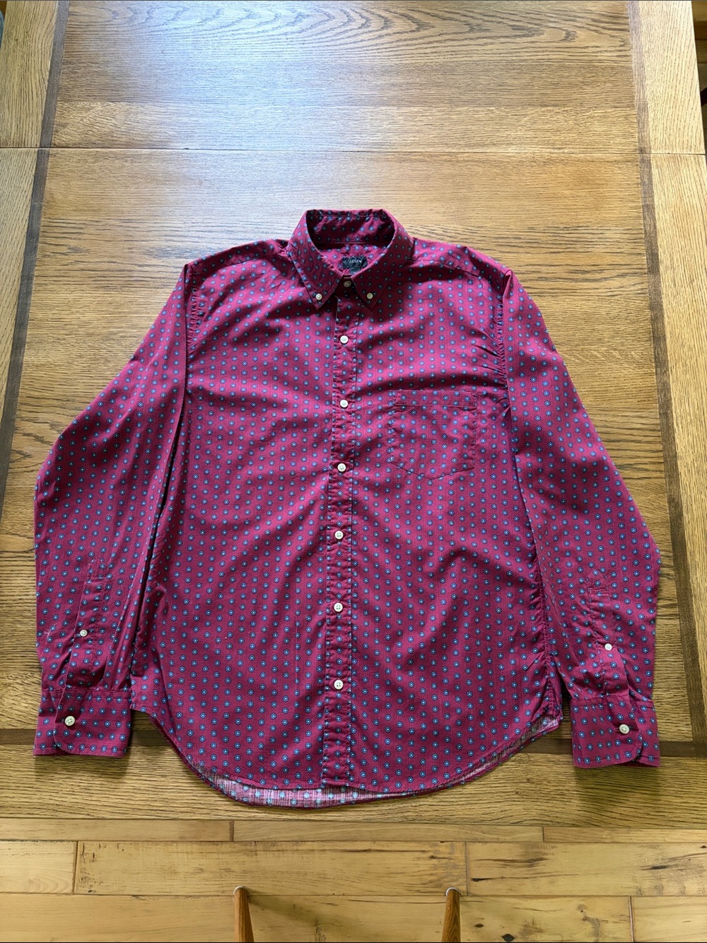 J. Crew Men's Burgundy Button-Down Shirt with Blue Dot Pattern